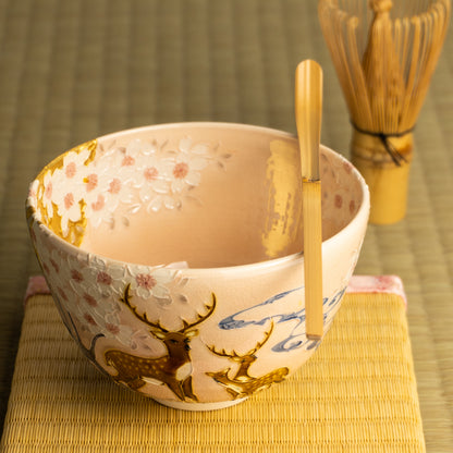 抹茶碗　淡桃交趾"月下に桜に鹿"　一如 KOTOPOTTER