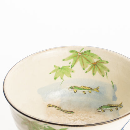 抹茶碗　青楓にカワセミと鮎　与し三 KOTOPOTTER