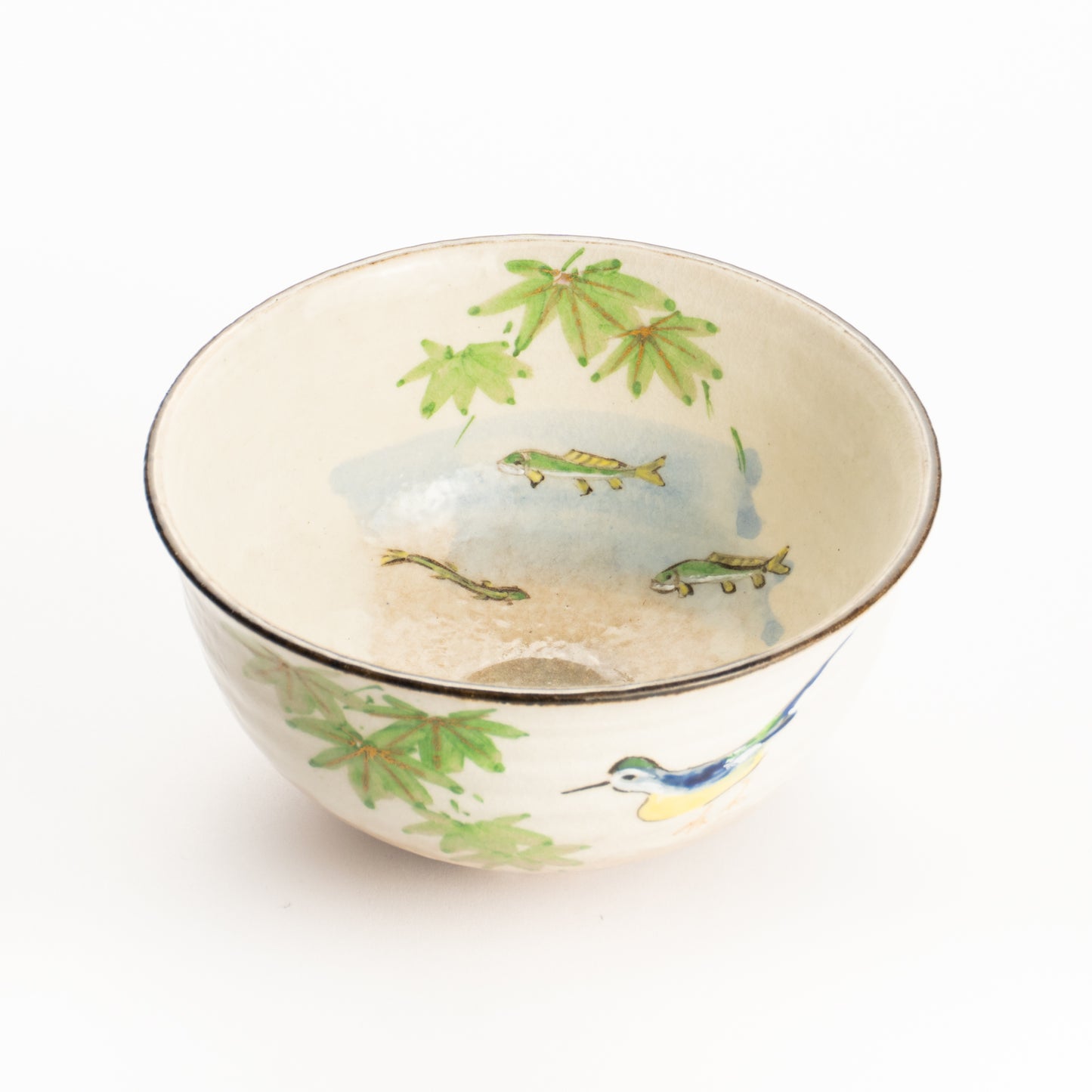 抹茶碗　青楓にカワセミと鮎　与し三 KOTOPOTTER