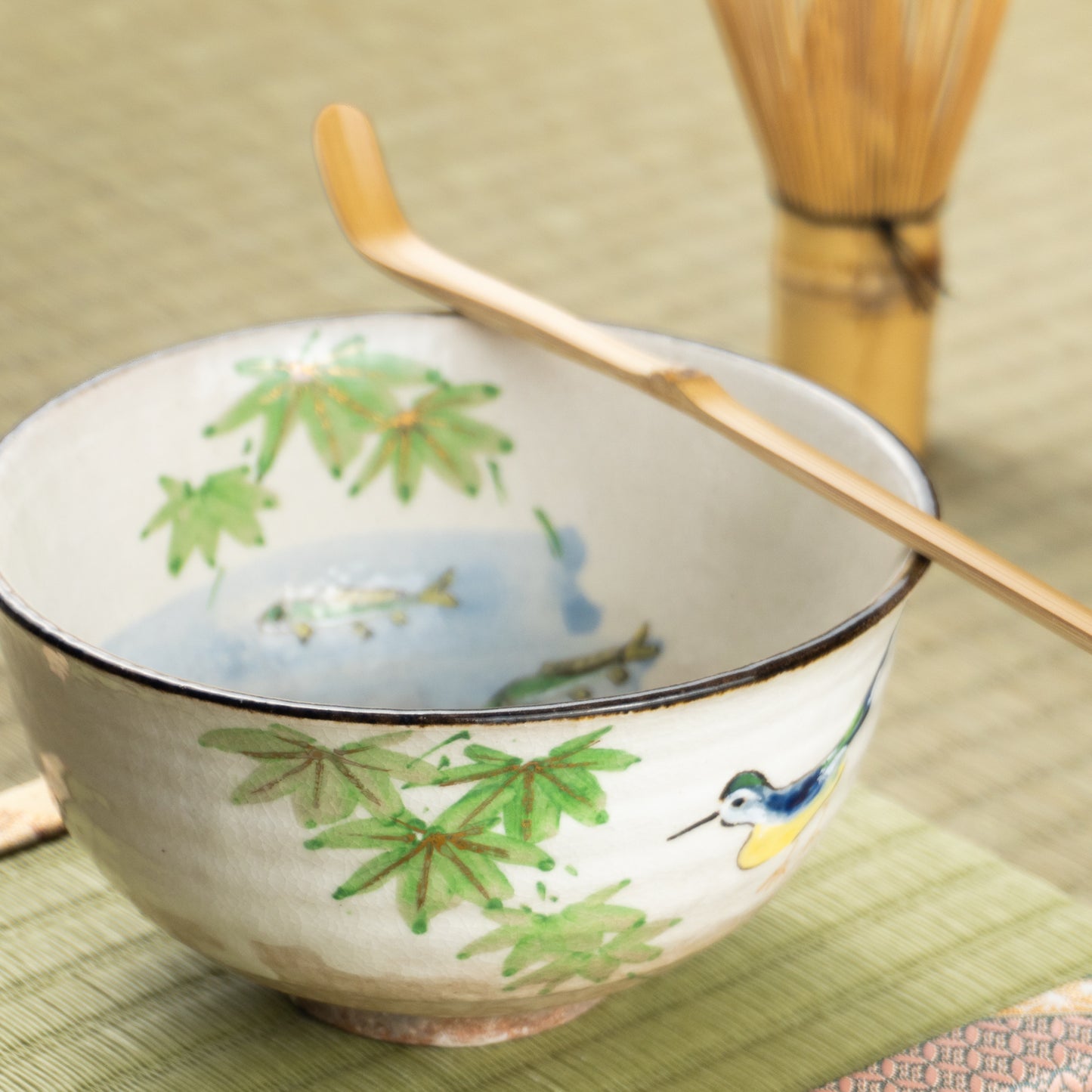 抹茶碗　青楓にカワセミと鮎　与し三 KOTOPOTTER