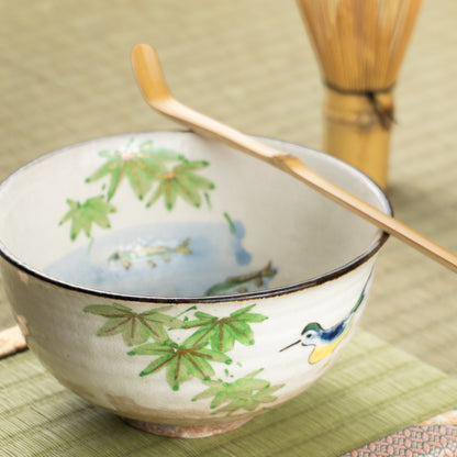 抹茶碗　青楓にカワセミと鮎　与し三 KOTOPOTTER