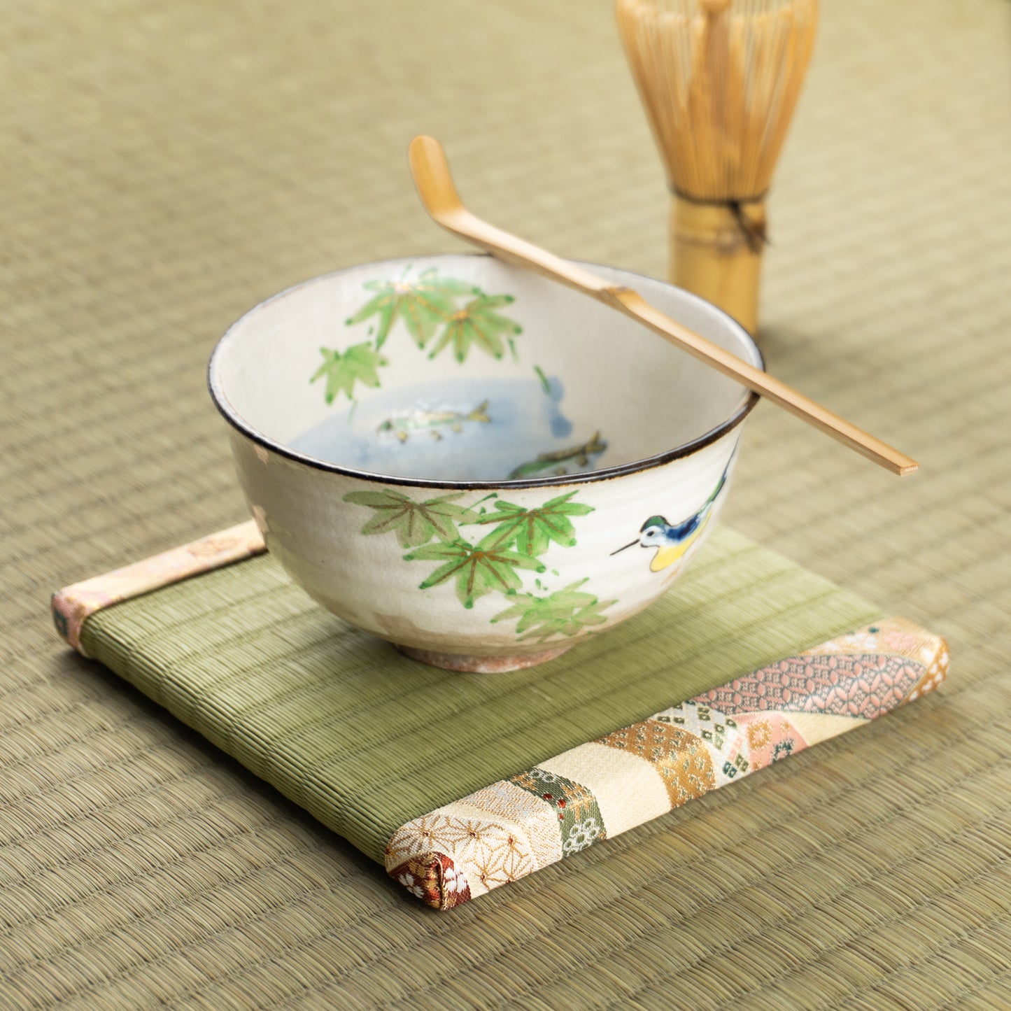 抹茶碗　青楓にカワセミと鮎　与し三 KOTOPOTTER