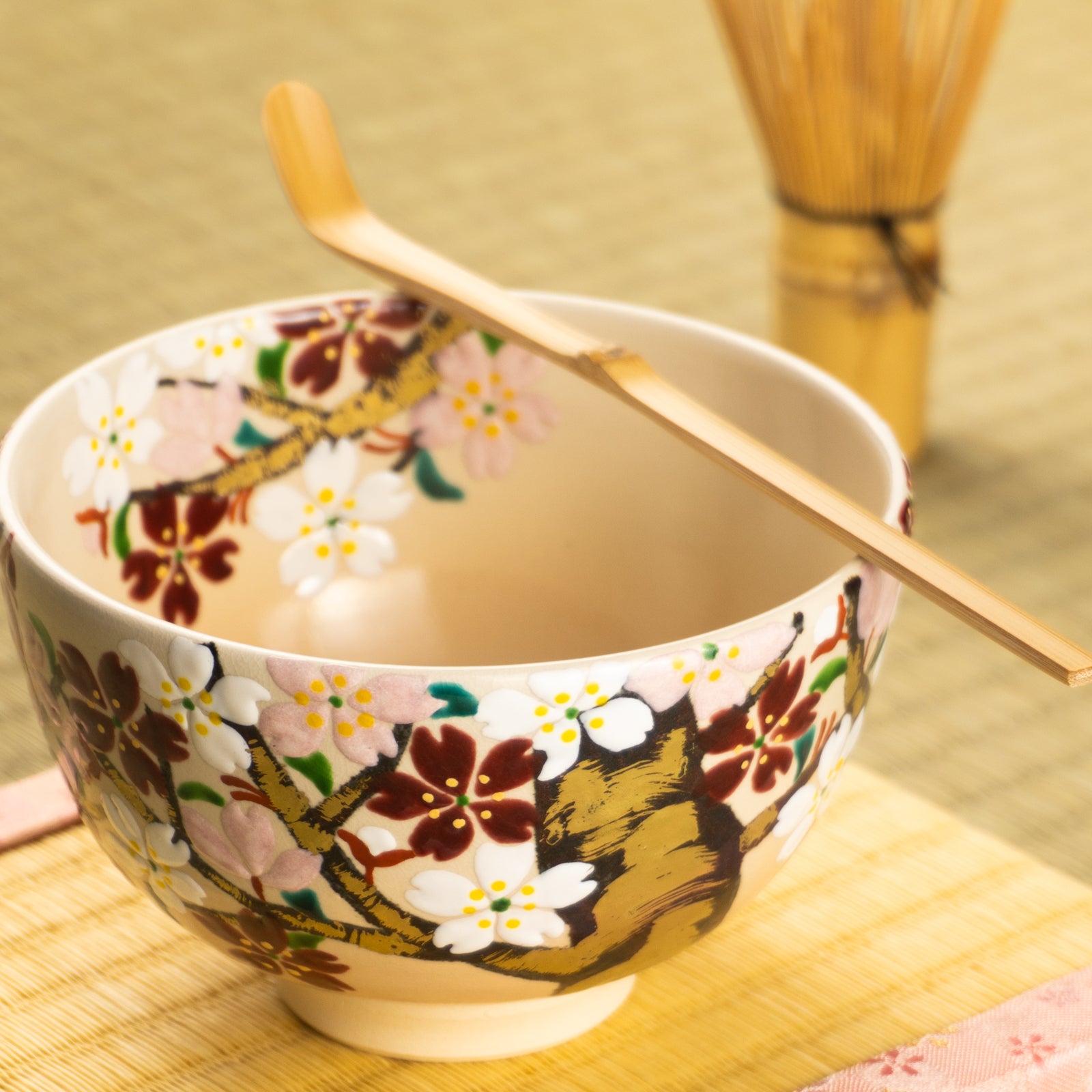 K01147【京焼 清水焼 花山水紀 絵付】桜 花 絵付 蒸茶碗 二客 蓋物 蓋