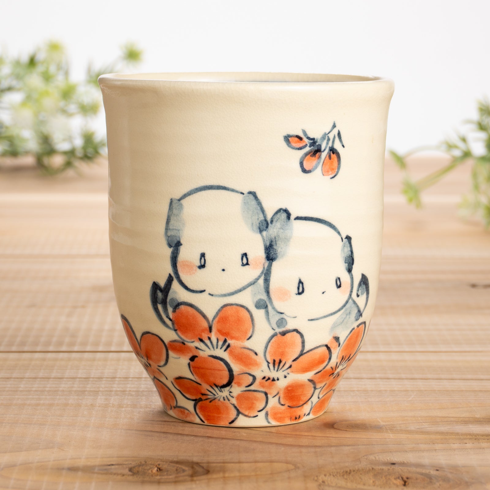 湯呑(大)　仲良し犬G　工房咲楽 - Handcrafted Japanese pottery from Kyoto - Kyo ware / Kiyomizu ware.