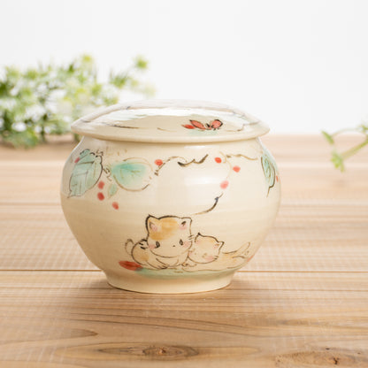 蓋物　仲良し猫　工房咲楽 - Handcrafted Japanese pottery from Kyoto - Kyo ware / Kiyomizu ware.