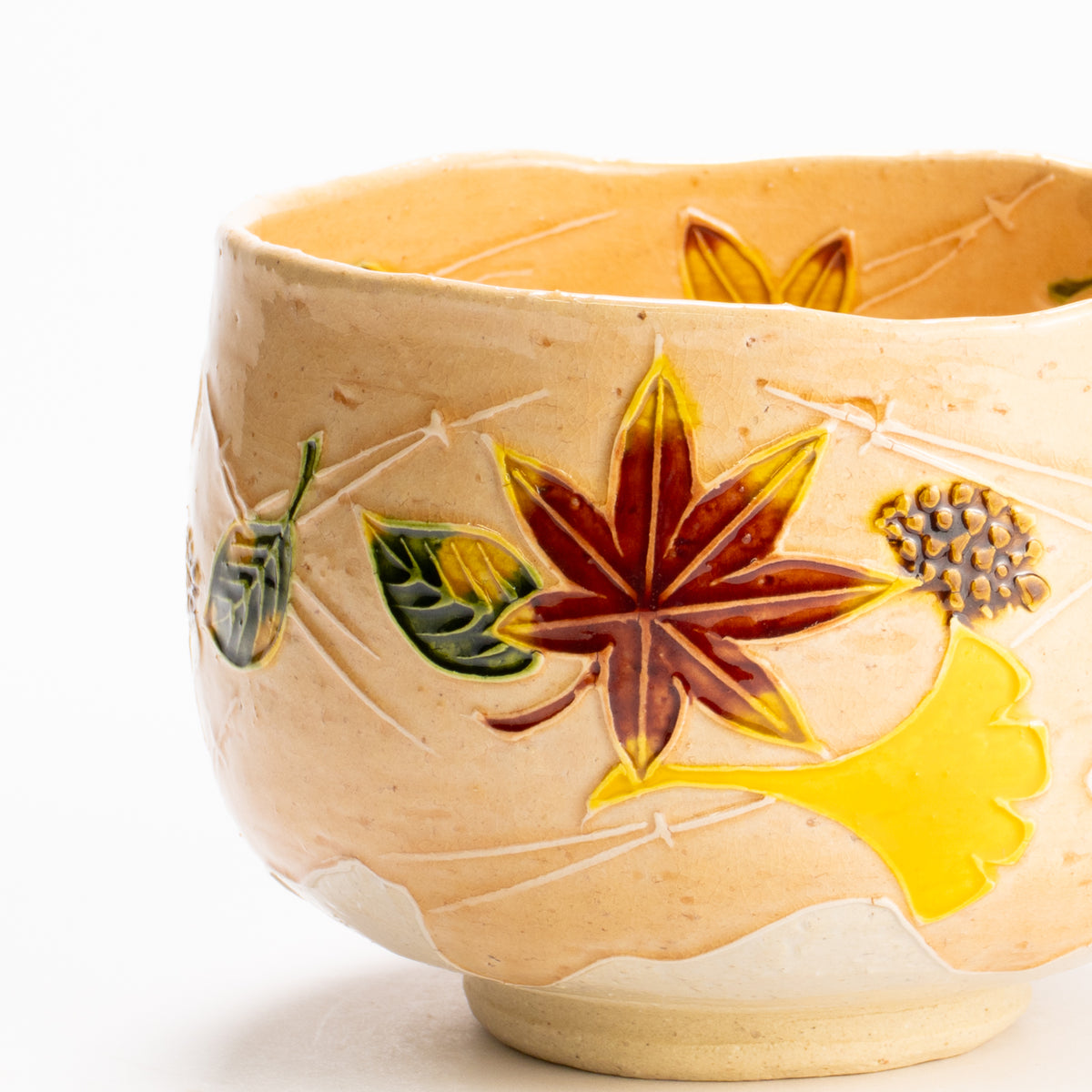 抹茶碗　淡桃交趾"月下に桜に鹿"　一如 KOTOPOTTER
