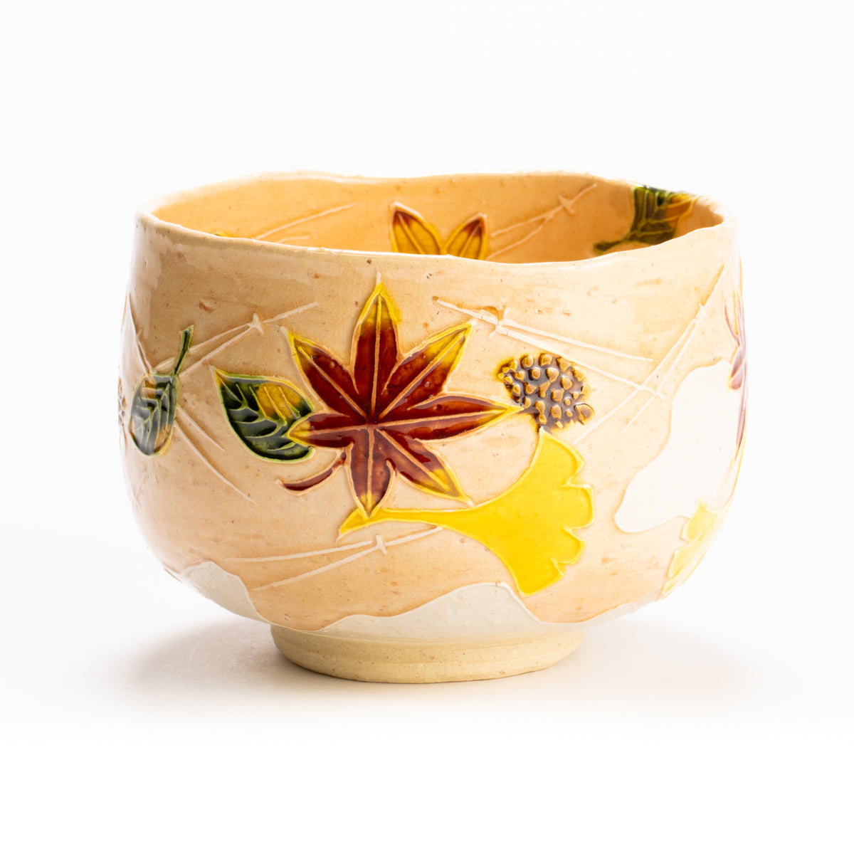 抹茶碗　淡桃交趾"月下に桜に鹿"　一如 KOTOPOTTER