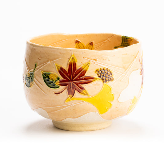 抹茶碗　淡桃交趾"月下に桜に鹿"　一如 KOTOPOTTER
