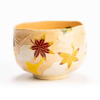 抹茶碗　淡桃交趾"月下に桜に鹿"　一如 KOTOPOTTER