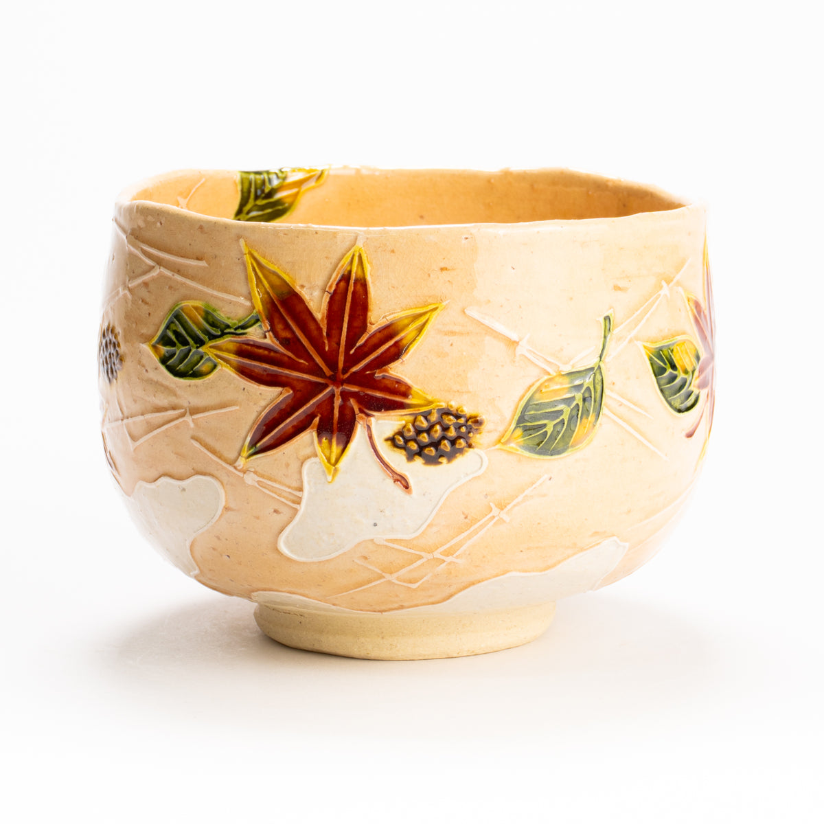 抹茶碗　淡桃交趾"月下に桜に鹿"　一如 KOTOPOTTER
