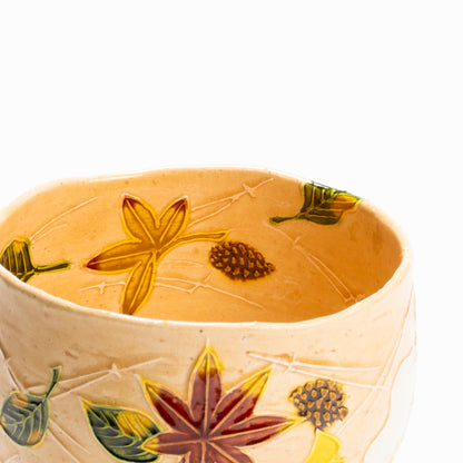 抹茶碗　淡桃交趾"月下に桜に鹿"　一如 KOTOPOTTER