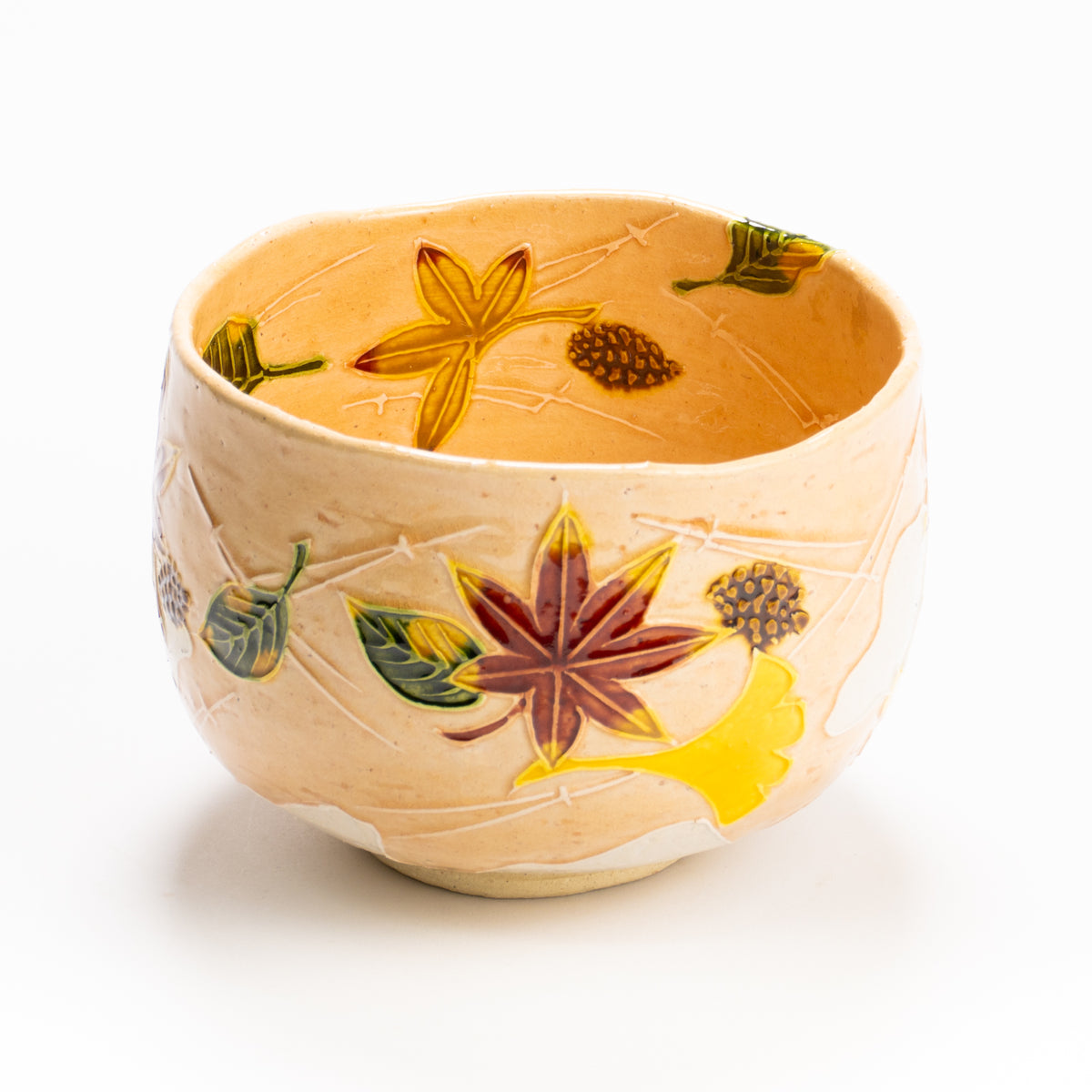 抹茶碗　淡桃交趾"月下に桜に鹿"　一如 KOTOPOTTER