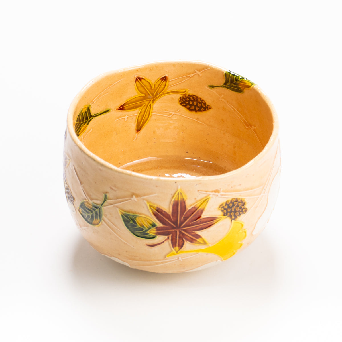抹茶碗　淡桃交趾"月下に桜に鹿"　一如 KOTOPOTTER