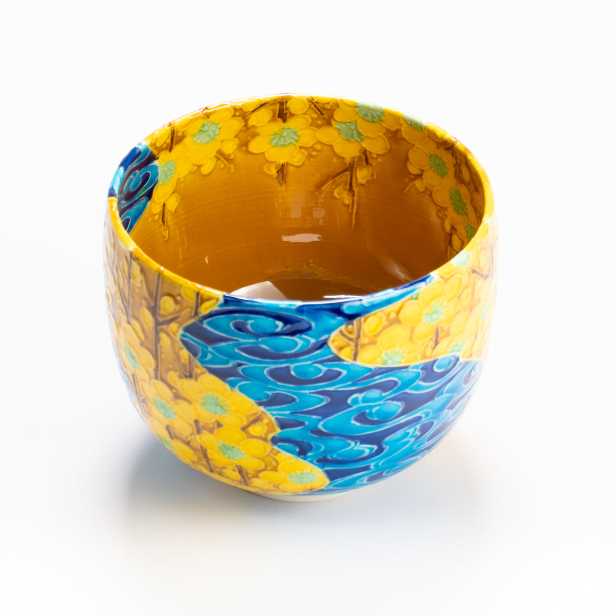抹茶碗　古代黄交趾"梅に観世水"　一如 KOTOPOTTER