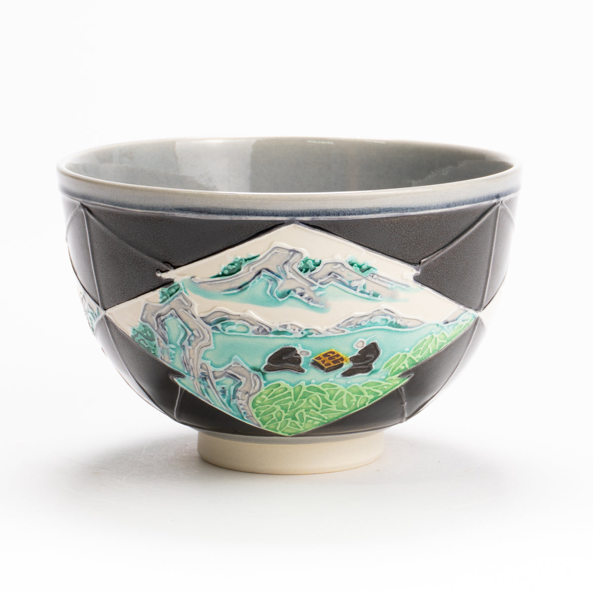 抹茶碗　紫交趾"松皮菱紋 山水図"　一如 KOTOPOTTER