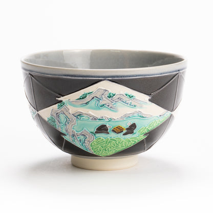 抹茶碗　紫交趾"松皮菱紋 山水図"　一如 KOTOPOTTER
