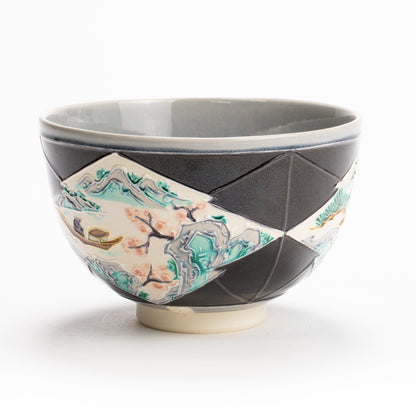 抹茶碗　紫交趾"松皮菱紋 山水図"　一如 KOTOPOTTER