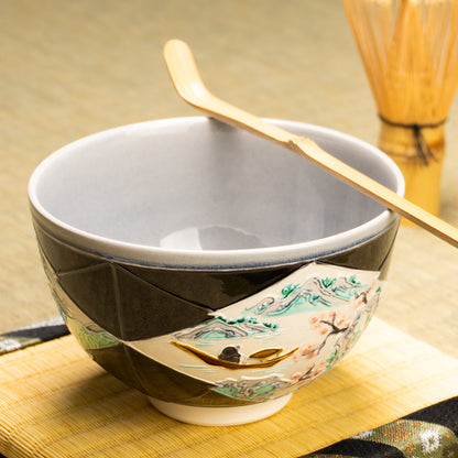 抹茶碗　紫交趾"松皮菱紋 山水図"　一如 KOTOPOTTER