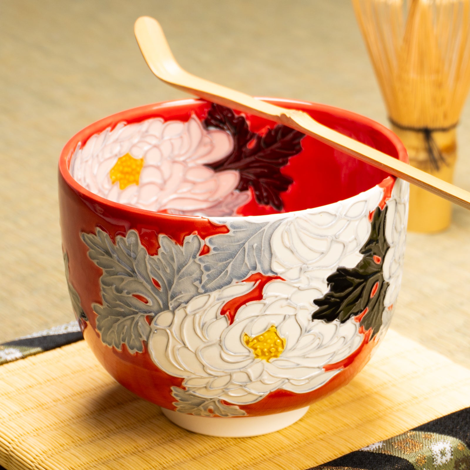 京都 清水焼】抹茶碗 朱交趾