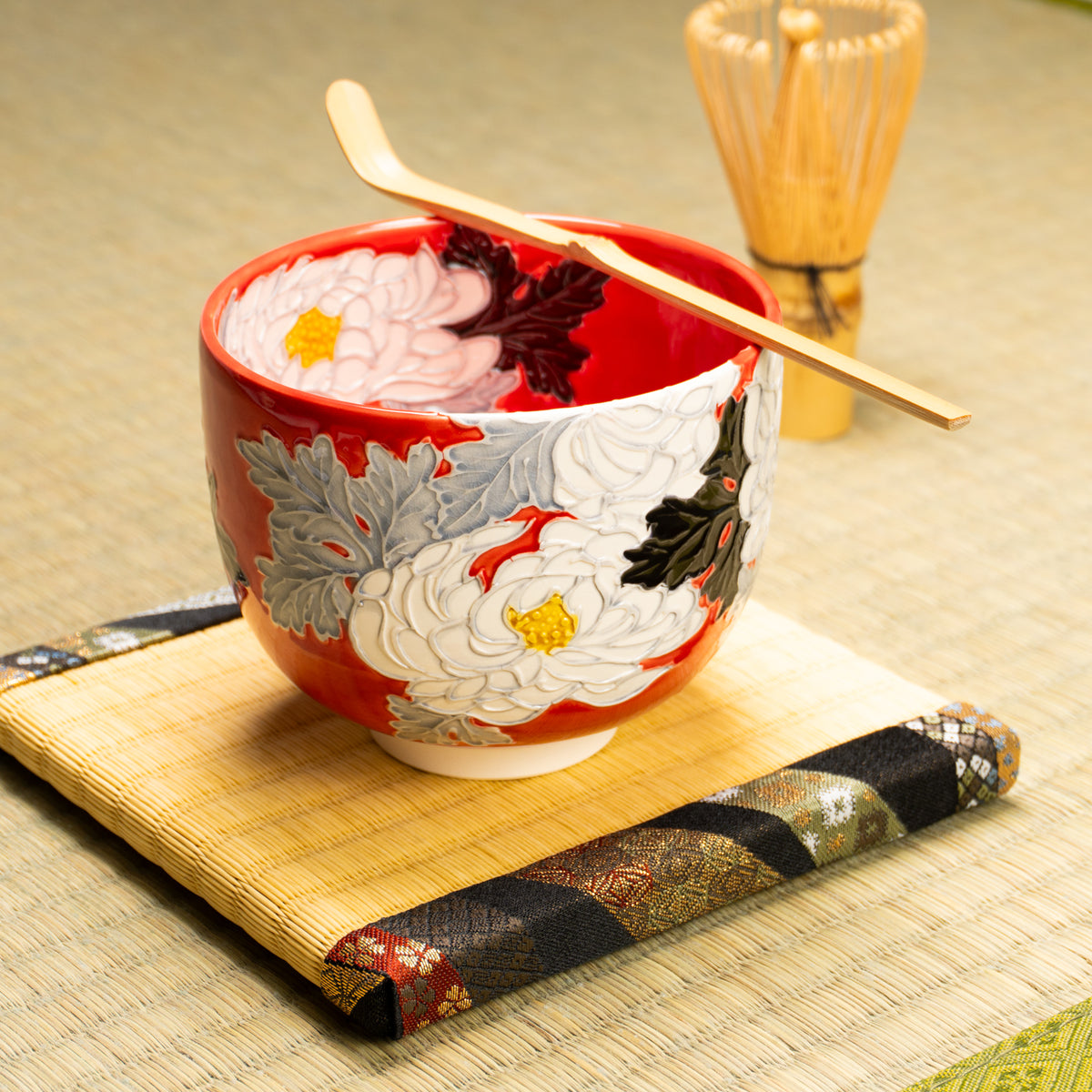 抹茶碗　朱交趾"白菊"　一如 KOTOPOTTER