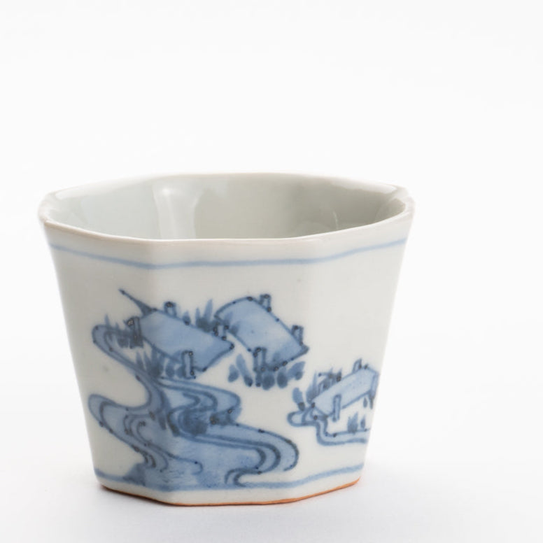 お猪口　染付 八つ橋　永田工房 - Handcrafted Japanese pottery from Kyoto - Kyo ware / Kiyomizu ware.