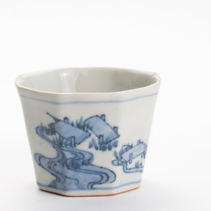 お猪口　染付 八つ橋　永田工房 - Handcrafted Japanese pottery from Kyoto - Kyo ware / Kiyomizu ware.