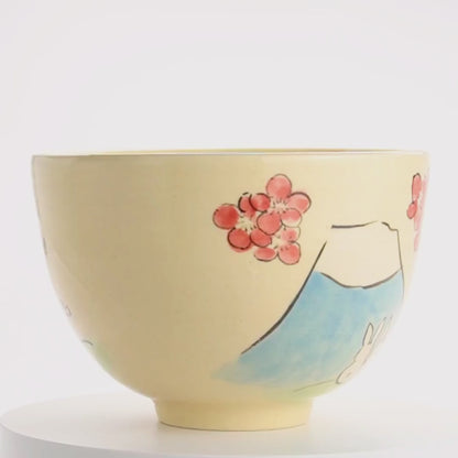 抹茶碗　仲良しうさぎ「富士山と梅」　工房咲楽