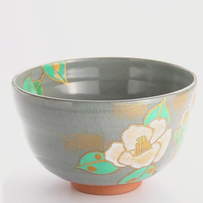 抹茶碗　灰釉白椿　宗絢