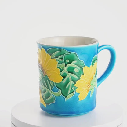 マグカップ　向日葵　ブルー　一如 - Handcrafted Japanese pottery from Kyoto - Kyo ware / Kiyomizu ware.
