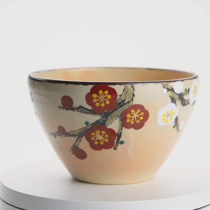カフェオレボウル　紅白梅　花光山窯 - Handcrafted Japanese pottery from Kyoto - Kyo ware / Kiyomizu ware.