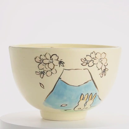抹茶碗　仲良しうさぎ「富士山と桜」　工房咲楽