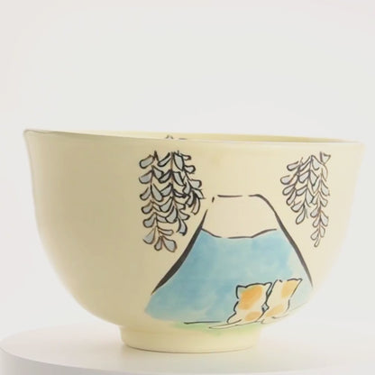 抹茶碗　仲良し猫「富士山と藤」　工房咲楽