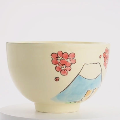 抹茶碗　仲良し猫「富士山と梅」　工房咲楽