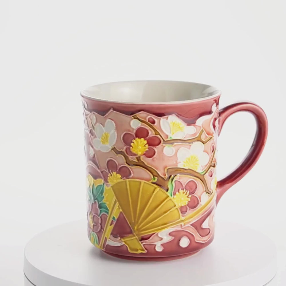 京都 清水焼】マグカップ 四季草花扇面 ピンク 山本一如｜コトポッター
