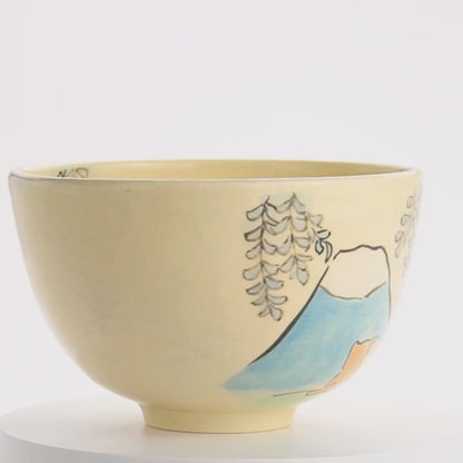 抹茶碗　仲良し猫「富士山と藤」　工房咲楽