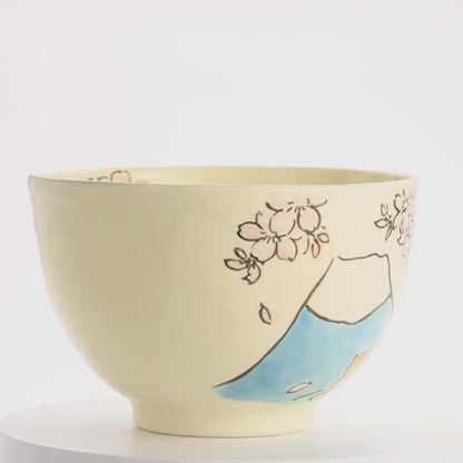 抹茶碗　仲良し猫「富士山と桜」　工房咲楽