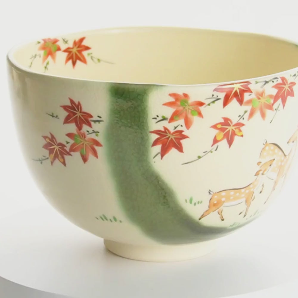 京都 清水焼】抹茶碗 織部 紅葉に鹿 宝泉｜コトポッター