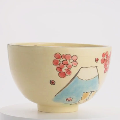 抹茶碗　仲良し猫「富士山と梅」　工房咲楽