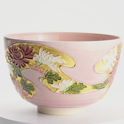 抹茶碗　桃交趾 四季草花　山本一如