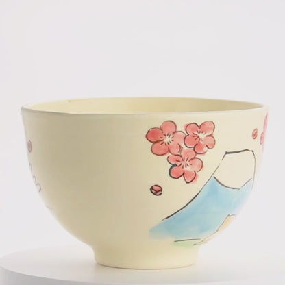 抹茶碗　仲良し猫「富士山と梅」　工房咲楽