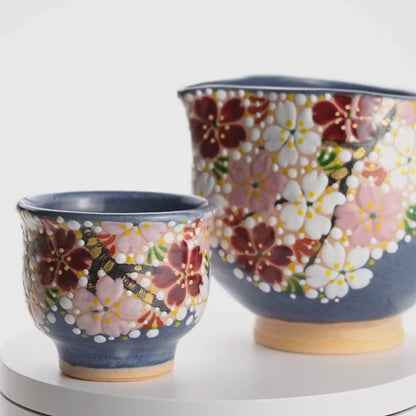 酒器セット　夜桜　花光山窯 - Handcrafted Japanese pottery from Kyoto - Kyo ware / Kiyomizu ware.