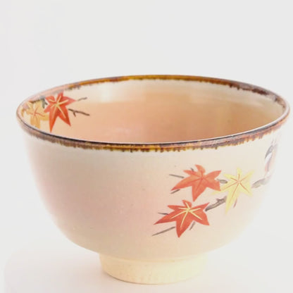 Matcha bowl -紅葉に小鳥"Autumm leaves and bird by Antoku