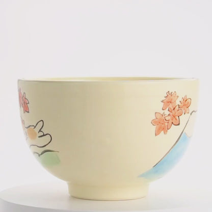 抹茶碗　仲良し猫「富士山と紅葉」　工房咲楽