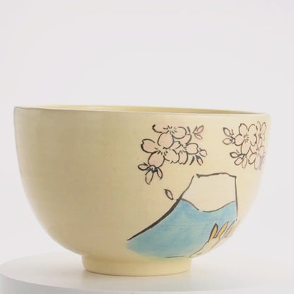抹茶碗　仲良しうさぎ「富士山と桜」　工房咲楽