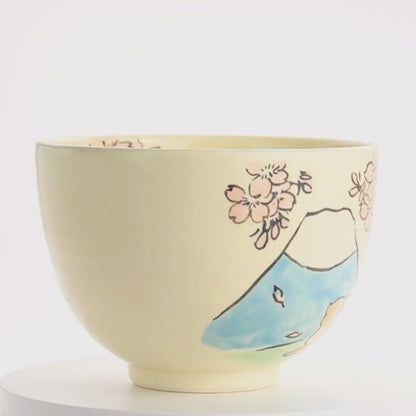 抹茶碗　仲良し猫「富士山と桜」　工房咲楽