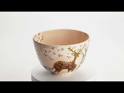 抹茶碗　淡桃交趾 "鹿に桜"　一如