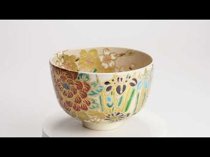 【清水烧】抹茶碗 四季花草图 宫川香林