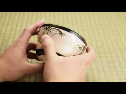 【清水烧】抹茶碗 金彩 竹与麻雀 海峰