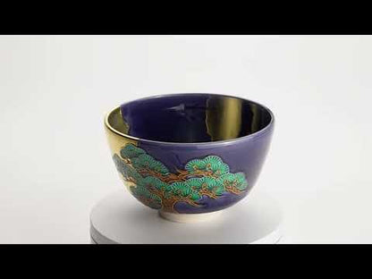 Matcha Bowl - Deep Blue with Gold Leaf “Old Pine and Moon” by Ichinyo