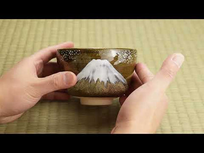 【清水烧】抹茶碗 黑伊罗保釉《富士与樱花》 海峰